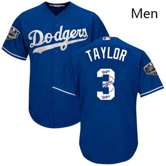 Mens Majestic Los Angeles Dodgers 3 Chris Taylor Authentic Royal Blue Team Logo Fashion Cool Base 2018 World Series MLB Jersey